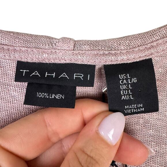 Tahari NWT 100% Linen Pink Hooded Open Long Sleeve Lightweight Tunic Cardigan - Picture 11 of 12